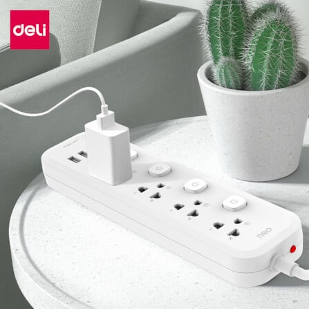 ปลั๊กไฟสามตา 3ช่อง 2USB 1TypeC 5M Deli CT498-WH-01 สีขาว_10